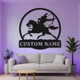 Arte mural LED de metal con arquero nativo americano | Cartel personalizado de cazador y caballo | Regalo rústico boho para el hogar
