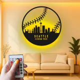 Seattle Skyline Baseball Sign | LED Metal Wall Art for Man Cave | Custom Sports Fan Gift