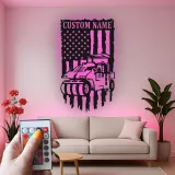 Road Roller Metal Wall Art | Personalized Construction LED Sign | American Flag Heavy Equipment Decor for Office or Garage