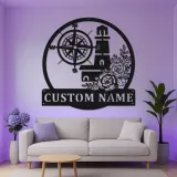 Cartel náutico de faro y brújula | Decoración mural de metal personalizada con LED | Decoración costera personalizada para casa de playa