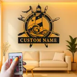 Custom Lighthouse Wall Art | Personalized LED Metal Sign with Nautical Waves | Beach House Decor & Sailor Gift