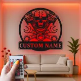 Custom Skull LED Metal Sign | Personalized Piston & Wrench Wall Art | Mechanic Garage Decor for Him | Man Cave Sign