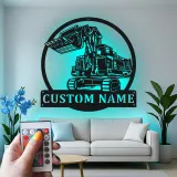 Décoration murale en métal LED personnalisée pour excavateur - Cadeau pour passionnés de construction, décoration de garage ou de bureau