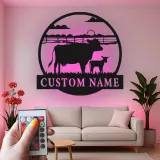 Décoration murale en métal personnalisée avec vache et veau en rétroéclairage - Cadeau pour agriculteurs - Décor de grange rustique