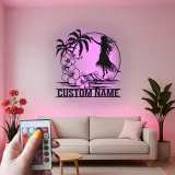 Insegna in metallo personalizzata con ballerina hula hawaiana e luce LED, regalo decorativo per interni tropicali