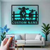 Insegna in metallo LED personalizzata con mucca e vitello - Regalo per agricoltori - Decorazione rustica per fienile