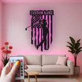Enseigne en métal personnalisée pour golfeur | Décoration murale drapeau américain | Décor LED de golf pour man cave | Cadeau patriotique pour lui