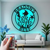 Cartel de arrecife personalizado con LED | Decoración mural de metal personalizada para casa de playa | Decoración náutica de vida marina | Regalo de caballito de mar y pez