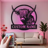 Highland Cow LED Metal Wall Art | Custom Ranch Sign | Personalized Farmhouse Decor Gift for Home & Business