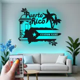Panneau Métal LED Porto Rico Personnalisé | Art Murale Palmier des Caraïbes Personnalisé | Décor Boricua & Idée de Cadeau Insulaire