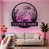 Insegna in metallo personalizzata con Airone e luci LED | Arte murale di fauna selvatica personalizzata | Decorazione per casa al lago e patio esterno