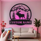 Insegna in metallo Bull Moose personalizzata | Arte murale illuminata con LED della fauna selvatica | Decorazione rustica per cabin | Regalo personalizzato per lodge