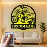 Décoration murale en métal LED personnalisée pour coureur de moto - Cadeau pour motards, décoration de garage ou de man cave