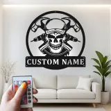 Panneau en métal personnalisé avec crâne de mécanicien | Décoration murale LED pour garage | Plaque de nom de l'atelier | Cadeau pour lui