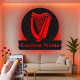 Insegna LED personalizzata con arpa | Insegna in metallo su misura per pub e home bar | Regalo retroilluminato per musicisti | Decorazione per strumento irlandese