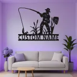 Cartel de pesca personalizado con LED | Arte mural de metal con nombre personalizado | Decoración rústica de casa de campo y regalo para pescador