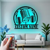 Individuelles Podcast-Studioschild | Vintage Mikrofon Metallkunst mit RGB-LED-Lichtern | Personalisierte Musiker Namensdekoration