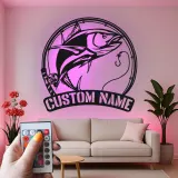 Insegna LED da pesca personalizzata | Insegna in metallo personalizzata | Decorazione con nome del pescatore per casa al lago e baita, idea regalo