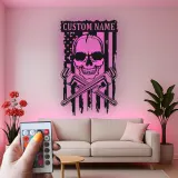 Panneau LED Crâne de Plombier | Décoration Murale Patriotique Personnalisée avec Drapeau USA | Décor de Garage avec Nom Personnalisé pour Hommes