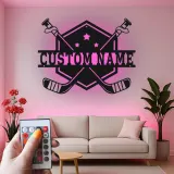 Insegna con nome per hockey personalizzata | Arte in metallo LED per parete | Regalo personalizzato per giocatore per sala giochi | Decorazione per bar sportivi e camere da letto