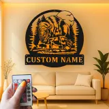 Insegna in metallo LED personalizzata con bisonte e famiglia - Regalo per amanti della natura - Decorazione rustica per cabin