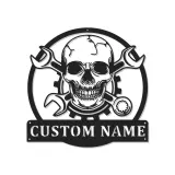 Cartel LED de Mecánico con Calavera | Arte de Nombre Personalizado para Garaje | Decoración de Pared Personalizada para Taller y Auto