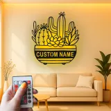 Cartel de metal personalizado con luz LED de suculenta de cactus, regalo de inauguración para decoración del salón del desierto