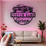 Insegna in metallo LED personalizzata per garage con auto classica - Regalo per appassionati di auto - Decorazione per garage
