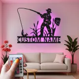 Cartel de pesca personalizado con LED | Arte mural de metal con nombre personalizado | Decoración rústica de casa de campo y regalo para pescador