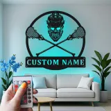 Panneau Métal de Gardien de Lacrosse Personnalisé | Art Murale LED avec Nom Personnalisé | Décor de Chambre d'Athlète & Cadeau Sportif