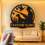 Custom Hunter and Dog Led Light Metal Wall Art Personalized Gift for Outdoor Enthusiasts Man Cave or Cabin Decor