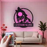 Custom Wolf Howling Led Light Metal Wall Art Personalized Gift for Nature Lovers Rustic Cabin Decor