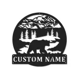 Custom Bear Mountain Scene Led Light Metal Wall Art Personalized Gift for Nature Lovers Cabin Decor