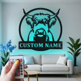 Highland Cow LED Metal Sign | Personalized Farmhouse Wall Art | Custom Family Name Decor for Rustic & Modern Homes