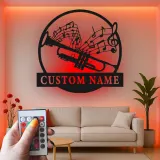 Décoration murale en métal personnalisée avec rétroéclairage LED - Cadeau pour musiciens - Décor de salle de musique avec notes de musique et trompette