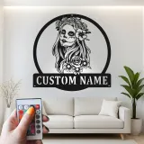 Personalisierte LED-Metall-Wandkunst „Tag der Toten“ Frau – Geschenk für Sie, Wohn- oder Schlafzimmerdeko