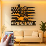 Panneau LED personnalisé pour pompier | Décoration murale en métal personnalisée avec drapeau américain | Cadeau patriotique pour pompier | Décor de caserne