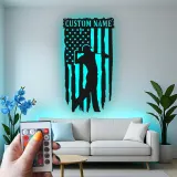 Insegna in metallo personalizzata per golfista con LED | Arte murale con nome e bandiera USA | Regalo patriottico per man cave e ufficio