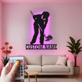 Insegna in metallo con giocatore di curling e luce LED - Regalo sportivo per appassionati di curling - Decorazione per sala giochi