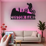 Custom Mountain Biker Sign | Personalized Cyclist LED Metal Wall Art | Outdoor Adventure Decor Gift for Bike Lovers