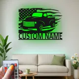 Personalisierter Vintage-Truck mit amerikanischer Flagge LED-Licht Metall-Wandkunst Geschenk für Ihn Garagen- oder Männerecken-Dekor