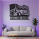 Personalized Semi Truck Metal Art | LED American Flag Sign | Patriotic Trucker Decor & Gift for Man Cave | Laser Cut Steel