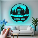 Décoration murale en métal personnalisée avec rétroéclairage LED pour panier de disc golf - Cadeau personnalisé pour passionnés de disc golf