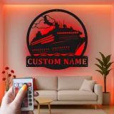 Décoration murale en métal personnalisée avec éclairage LED de bateau de croisière - Cadeau pour les amoureux de croisières - Décor nautique pour le salon