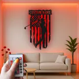 Enseigne en métal personnalisée pour golfeur | Décoration murale drapeau américain | Décor LED de golf pour man cave | Cadeau patriotique pour lui