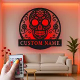 Sugar Skull LED Metal Wall Art | Personalized Day of the Dead Sign | Custom Name Gothic Decor for Home & Studio | Laser-Cut Metal