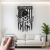 Panneau en métal crâne de mécanicien personnalisé | Décoration murale rétroéclairée pour garage | Cadeau patriotique pour réparateur avec drapeau américain