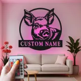 Cartel LED de retrato de cerdo personalizado | Decoración de granja personalizada | Arte mural de metal rústico para granero o hogar de campo moderno
