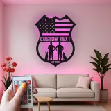 Police Officer & K9 Unit LED Sign | Personalized Law Enforcement Metal Art | Custom American Flag Shield | Police Officer Gift