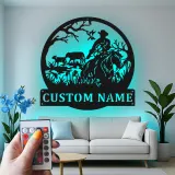 Cartel de metal personalizado con rancho vaquero y luz LED, regalo western para él, decoración rústica de granja